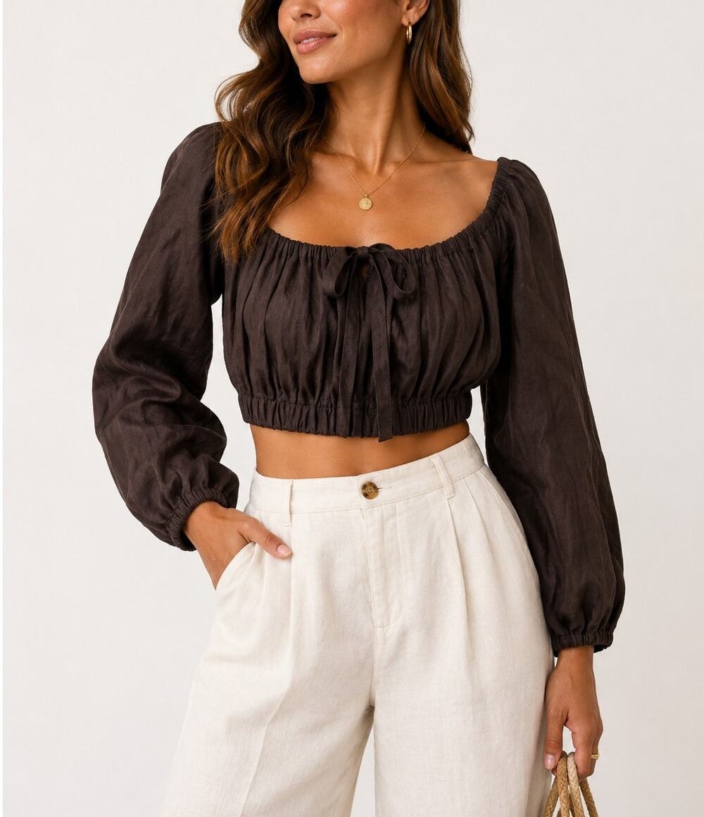 DISSH Amerie Linen Crop Top Puff Sleeve Size 10 Brown  Boho Coastal Euro Summer